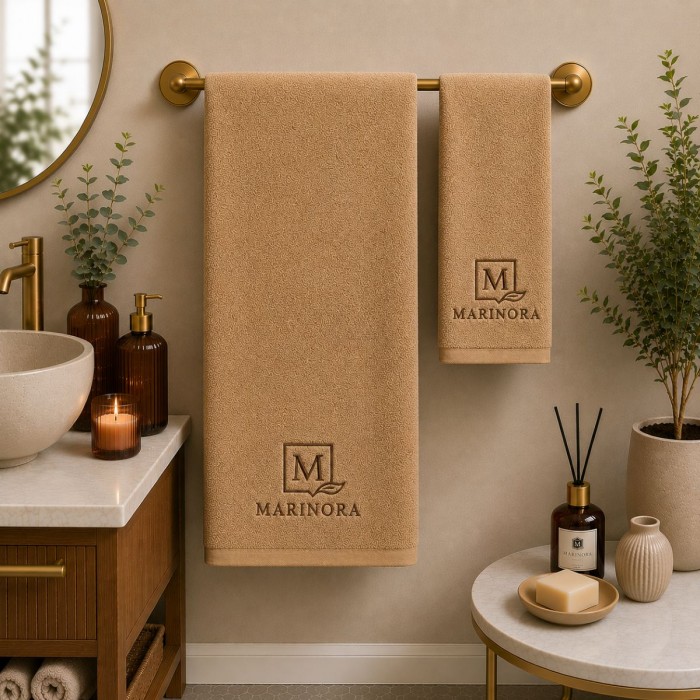 Logolu El ve Banyo Havlusu Takımı Deve Tüyü Rengi 50x90cm 70x140cm
